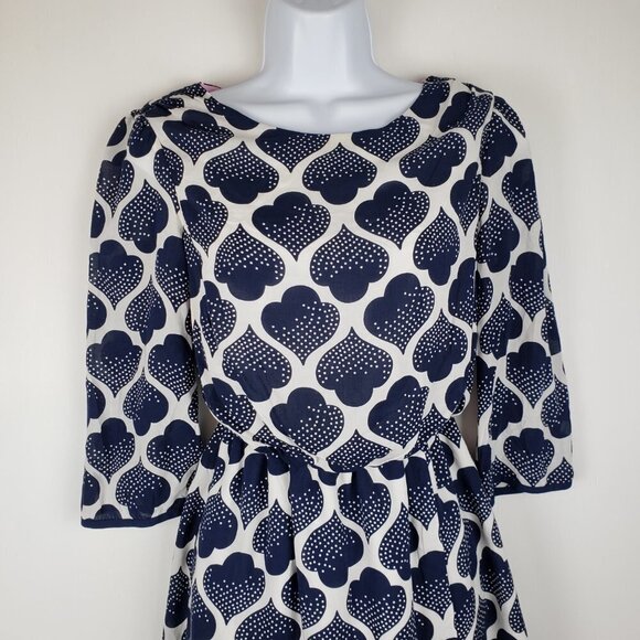 Boden Knee Length Blouson Dress Blue White Spade 3/4 Sleeve Petite Size 4P - Picture 9 of 9